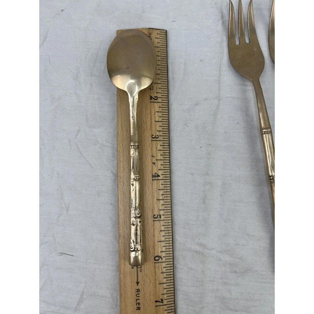 Vtg MCM Nickel Bronze Faux Bamboo Flatware 5 PCs Set Server 1 Retro‎ Decor